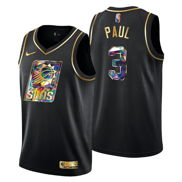 Men's Phoenix Suns #3 Chris Paul 2021/22 Black Golden Edition Diamond Logo Black 75th Anniversary Stitched Basketball Jersey Men's Phoenix Suns #3 Chris Paul 2021/22 Black Golden Edition Diamond Logo Black 75th Anniversary Stitched Basketball Jersey